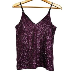 NWT Express Purple Sequin Spaghetti Strap Vneck Blouse Top Size XS Festival